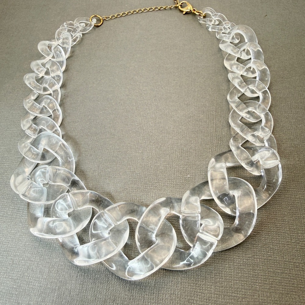 Chunky Clear Acrylic Statement Link Necklace Gold Tone Adjustable Chain 20 Inch